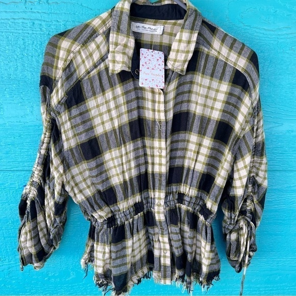 FREE PEOPLE PACIFIC DAWN PLAID SNAP RUCHED SLEEVE WOOL BLEND FLANNEL TOP S NWT - Picture 3 of 14